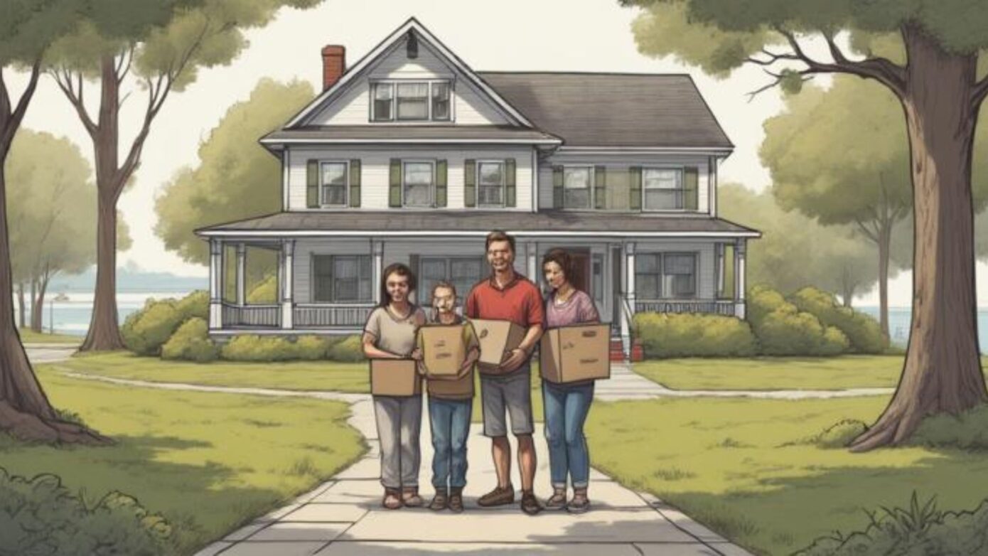 A happy family standing in front of their new waterfront home, representing a successful buy and sell a home Pasadena MD transition.