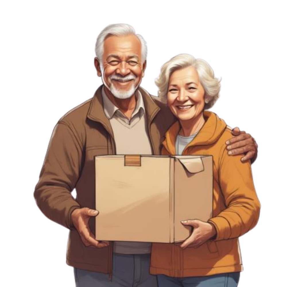 A smiling senior couple holding a moving box, enjoying a stress-free transition with the help of a downsizing realtor in Maryland.