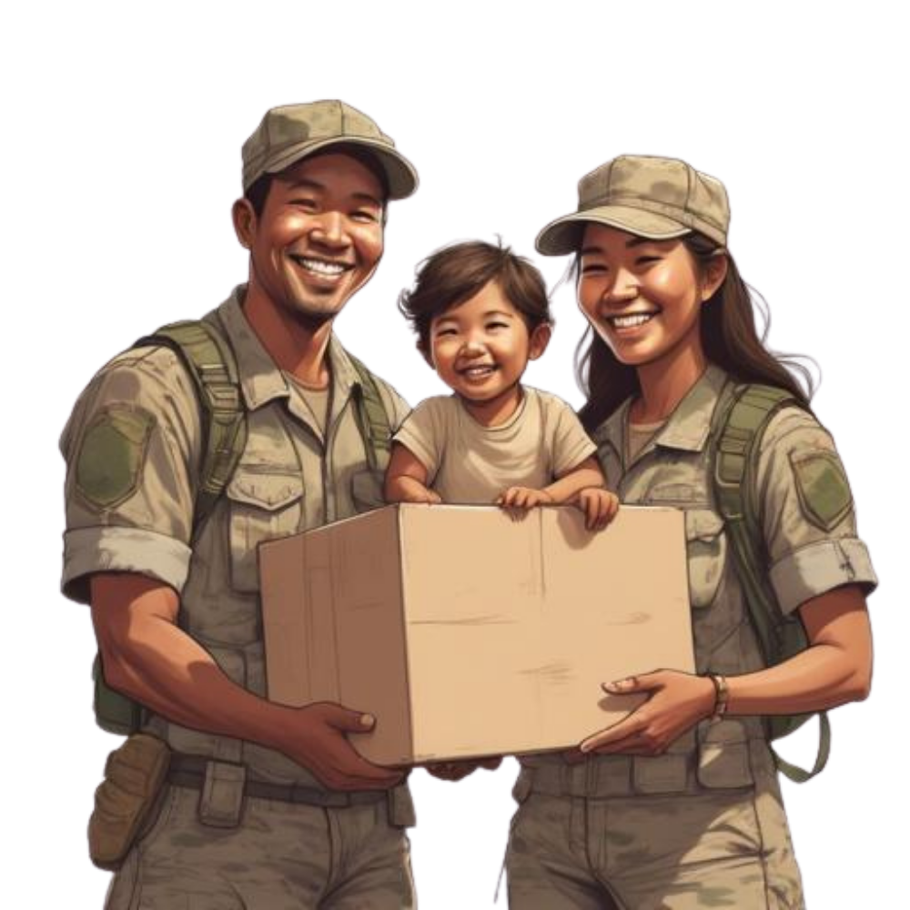 A happy family in military uniform holding a moving box, prepared for a seamless PCS move with a military relocation realtor in Maryland.