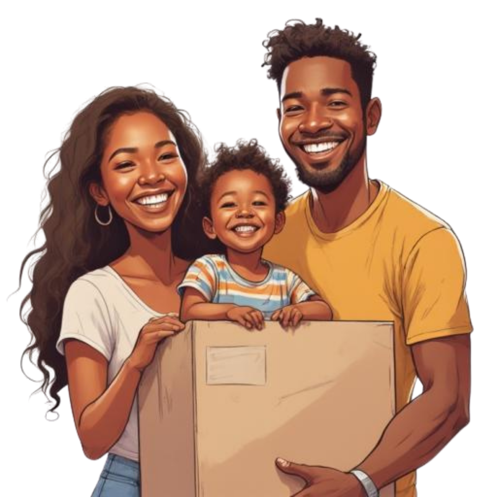 A happy young family smiling and holding a moving box, ready to buy and sell a home at the same time in Maryland.