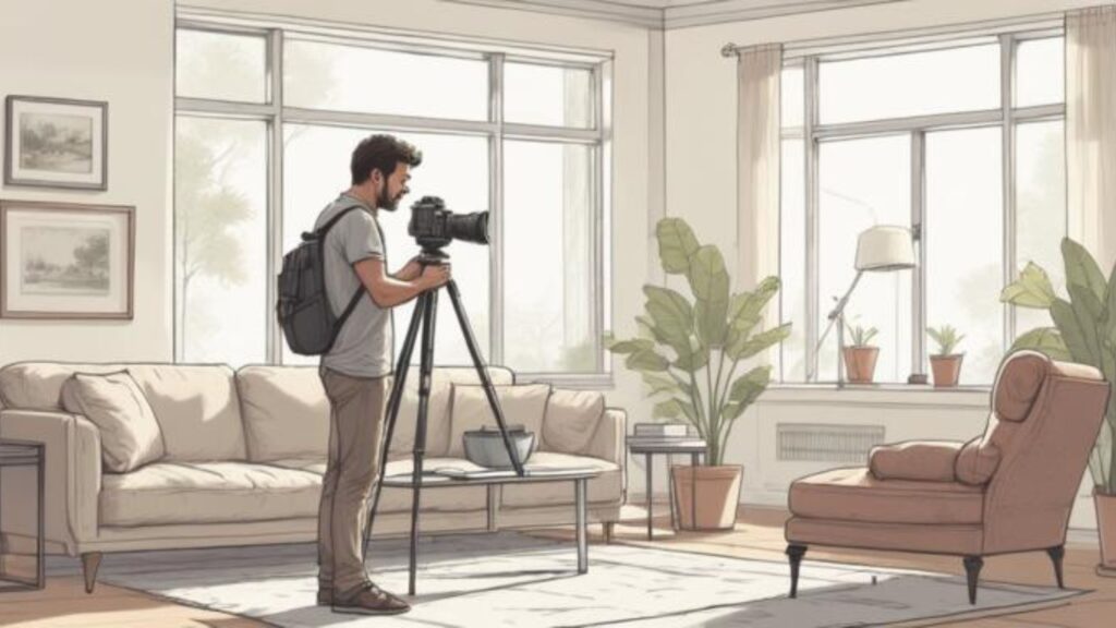 Professional real estate photographer setting up equipment inside a staged home for a Pasadena MD listing